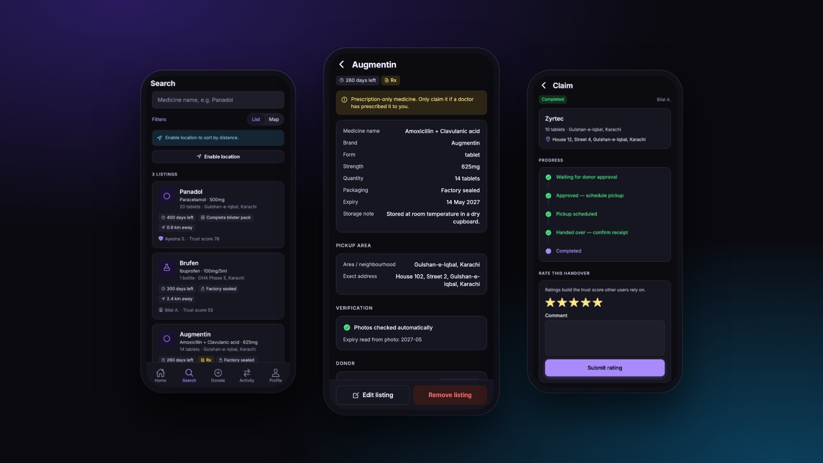 Search, a listing detail with verification and prescription warning, and a completed claim with its progress trail