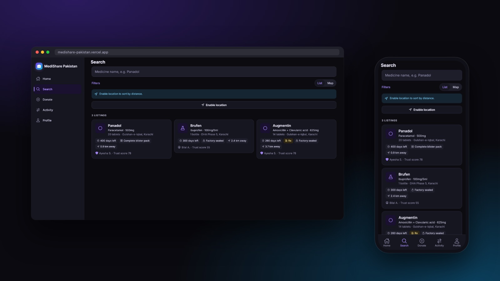 The same search screen as a desktop layout with sidebar navigation and as a phone screen