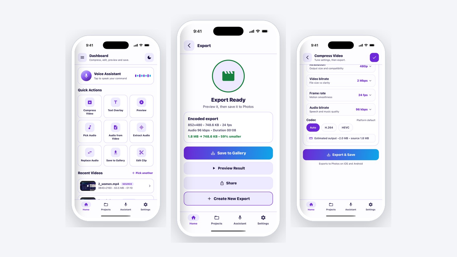 Video studio app: dashboard, finished export with size reduction, and export settings