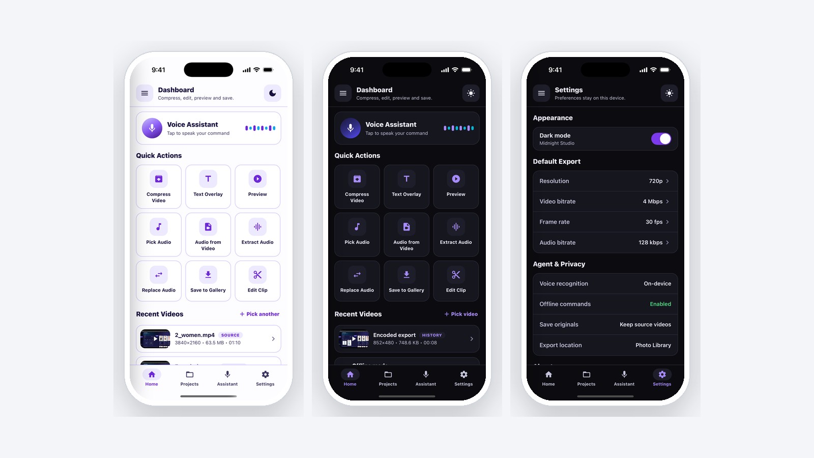 The same screens rendered in light and dark themes
