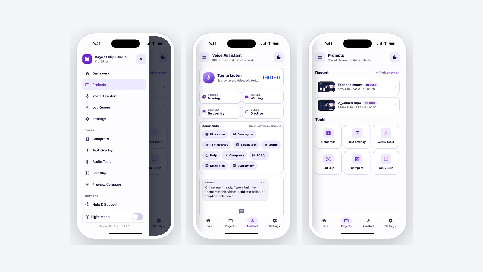 Navigation drawer, offline command assistant, and projects screen